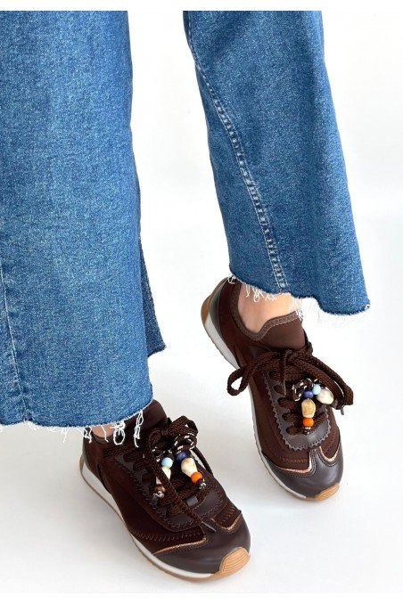 Kadın Sneaker Kahverengi Cilt Bağcıklı Günlük Spor Ayakkabı