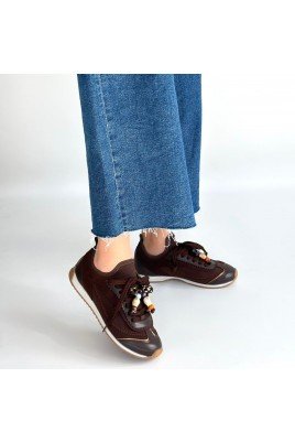 Kadın Sneaker Kahverengi Cilt Bağcıklı Günlük Spor Ayakkabı