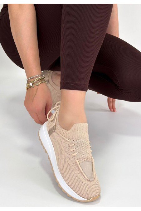 Kadın Sneaker Bej Triko Bağcıklı Günlük Spor Ayakkabı