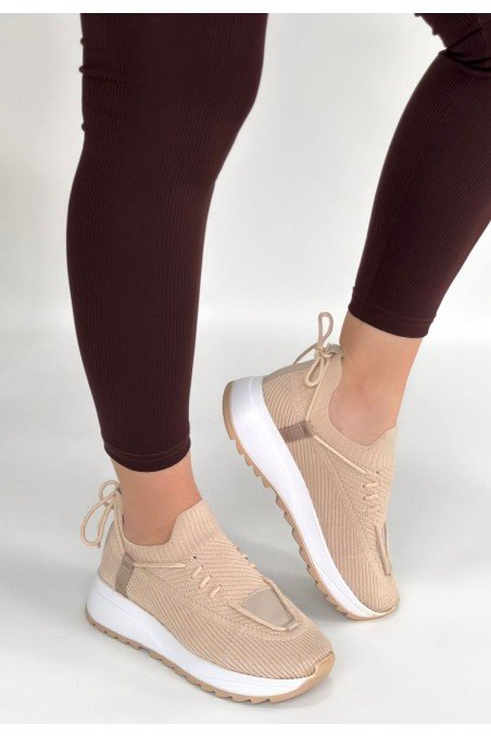 Kadın Sneaker Bej Triko Bağcıklı Günlük Spor Ayakkabı
