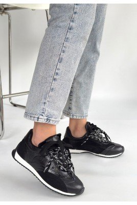 Kadın Sneaker Siyah Cilt Bağcıklı Günlük Spor Ayakkabı Paraşüt Detaylı