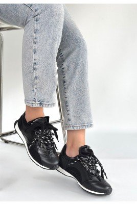 Kadın Sneaker Siyah Cilt Bağcıklı Günlük Spor Ayakkabı Paraşüt Detaylı
