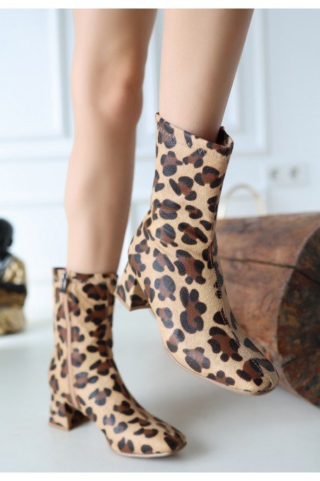 Birta Leopar Cilt Streç Topuklu Bot