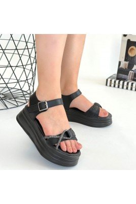 Kadın Sandalet Siyah Cilt Kemerli Yazlık Günlük Rahat Taban