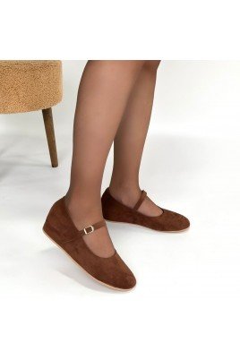 Kadın Babet Ayakkabı Taba Süet Kemerli Rahat Düz Taban Günlük