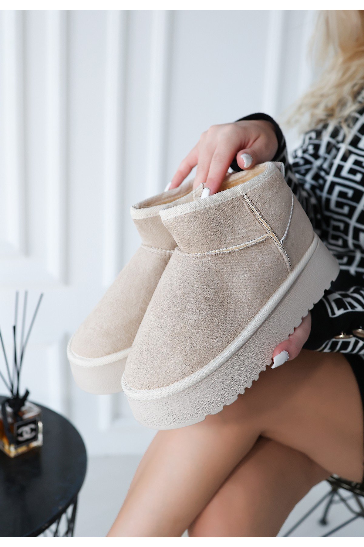 Kadın Bot Bej Süet Kısa Bot Rahat Taban Günlük Kullanım