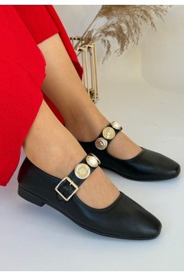 Kadın Babet Ayakkabı Siyah Cilt Rahat Düz Taban Günlük