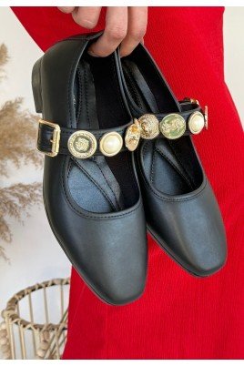 Kadın Babet Ayakkabı Siyah Cilt Rahat Düz Taban Günlük