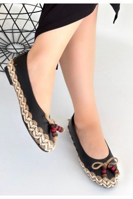 Kadın Babet Ayakkabı Siyah Cilt Rahat Düz Taban Günlük