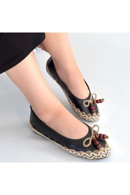 Kadın Babet Ayakkabı Siyah Cilt Rahat Düz Taban Günlük