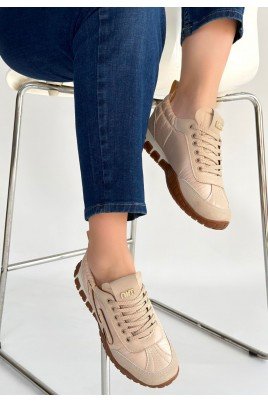 Kadın Sneaker Bej Nubuk Bağcıklı Günlük Spor Ayakkabı