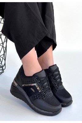 Kadın Sneaker Siyah Cilt Bağcıklı Günlük Spor Ayakkabı