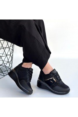 Kadın Sneaker Siyah Cilt Bağcıklı Günlük Spor Ayakkabı