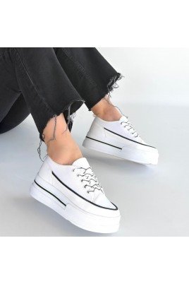 Kadın Sneaker Beyaz Keten Bağcıklı Günlük Spor Ayakkabı