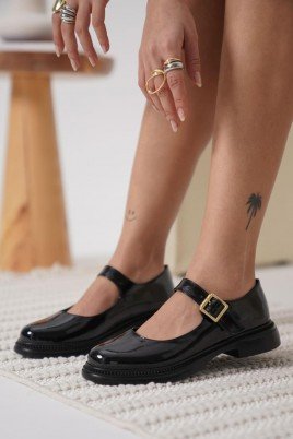 Kadın Oxford Ayakkabı Siyah Rugan Loafer Tarz Günlük Şık