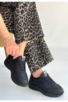 Kadın Sneaker Siyah Cilt Bağcıklı Günlük Spor Ayakkabı