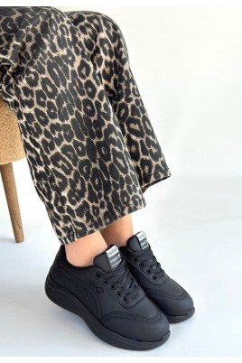 Kadın Sneaker Siyah Cilt Bağcıklı Günlük Spor Ayakkabı