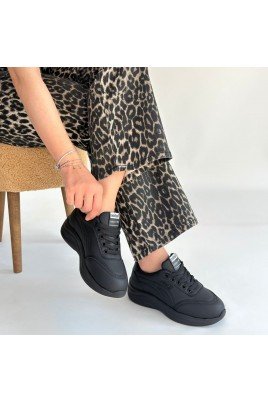Kadın Sneaker Siyah Cilt Bağcıklı Günlük Spor Ayakkabı