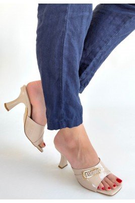 Kadın Topuklu Terlik Bej Rugan Şık Ev & Dış Mekan Günlük