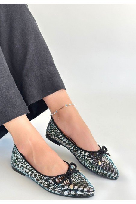 Kadın Babet Ayakkabı Siyah Saten İşlemeli Rahat Düz Taban Günlük