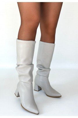 Kadın Topuklu Çizme Bej Cilt Uzun Çizme Şık Kış