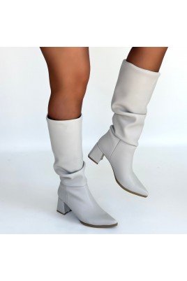 Kadın Topuklu Çizme Bej Cilt Uzun Çizme Şık Kış