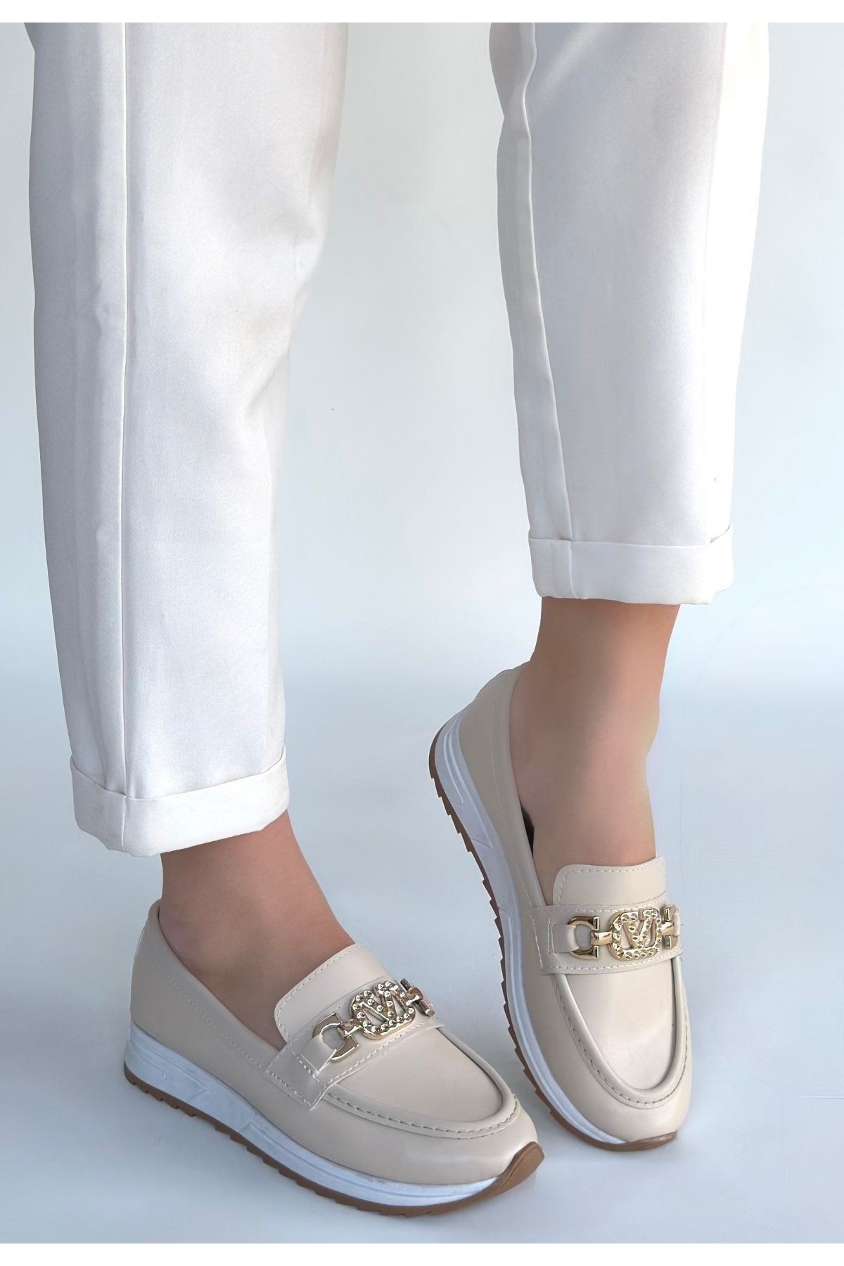 Kadın Babet Ayakkabı Bej Cilt Rahat Düz Taban Günlük