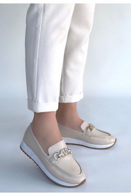 Kadın Babet Ayakkabı Bej Cilt Rahat Düz Taban Günlük