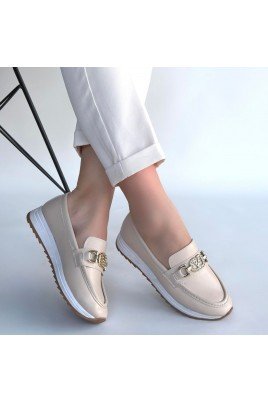 Kadın Babet Ayakkabı Bej Cilt Rahat Düz Taban Günlük