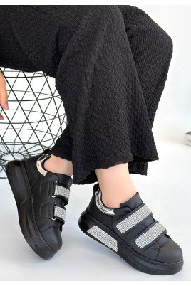 Kadın Sneaker Siyah Cilt Bağcıklı Günlük Spor Ayakkabı