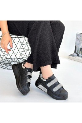 Kadın Sneaker Siyah Cilt Bağcıklı Günlük Spor Ayakkabı