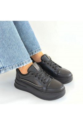Kadın Sneaker Siyah Cilt Bağcıklı Günlük Spor Ayakkabı