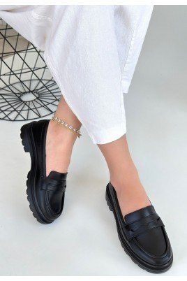 Kadın Oxford Ayakkabı Siyah Cilt Loafer Tarz Günlük Şık