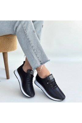 Kadın Sneaker Siyah Cilt Bağcıklı Günlük Spor Ayakkabı