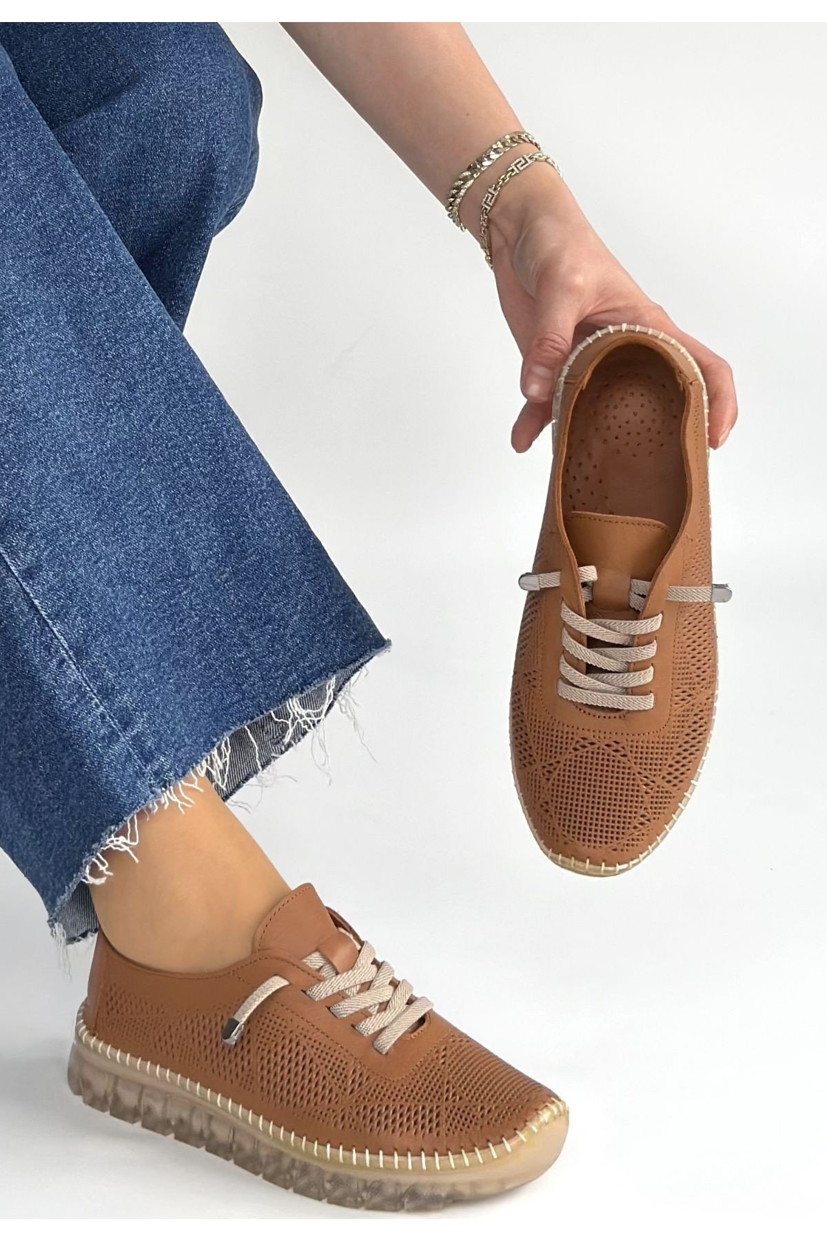 Kadın Sneaker Taba Deri Bağcıklı Günlük Spor Ayakkabı