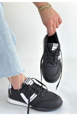 Kadın Sneaker Siyah Cilt Bağcıklı Günlük Spor Ayakkabı