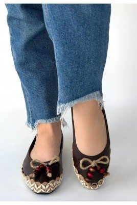 Kadın Babet Ayakkabı Kahverengi Cilt Rahat Düz Taban Günlük