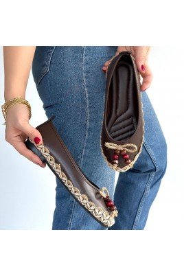 Kadın Babet Ayakkabı Kahverengi Cilt Rahat Düz Taban Günlük