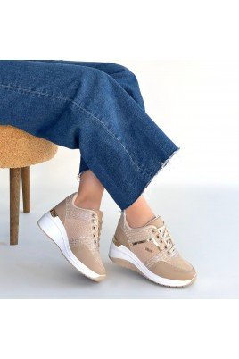 Kadın Sneaker Bej Cilt Bağcıklı Günlük Spor Ayakkabı