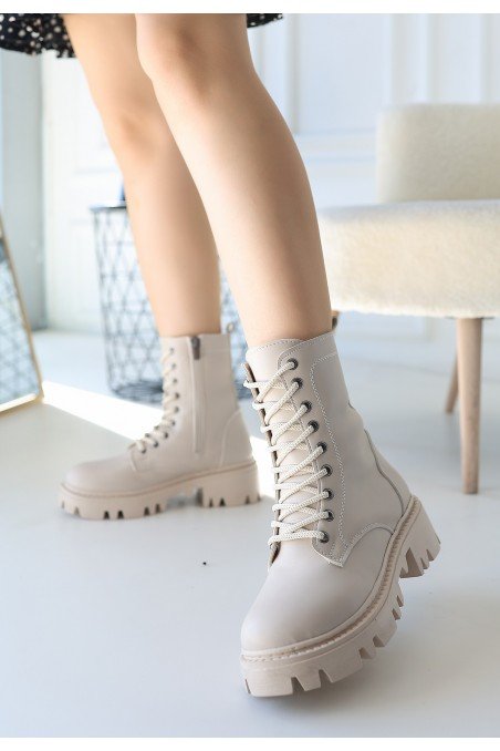 Kadın Bağcıklı Bot Bej Cilt Postal Tarz Günlük & Kışlık