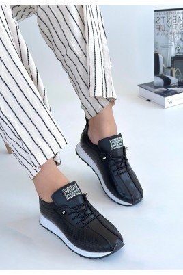 Kadın Sneaker Siyah Cilt Bağcıklı Günlük Spor Ayakkabı