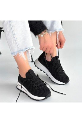 Kadın Sneaker Siyah Triko Bağcıklı Günlük Spor Ayakkabı