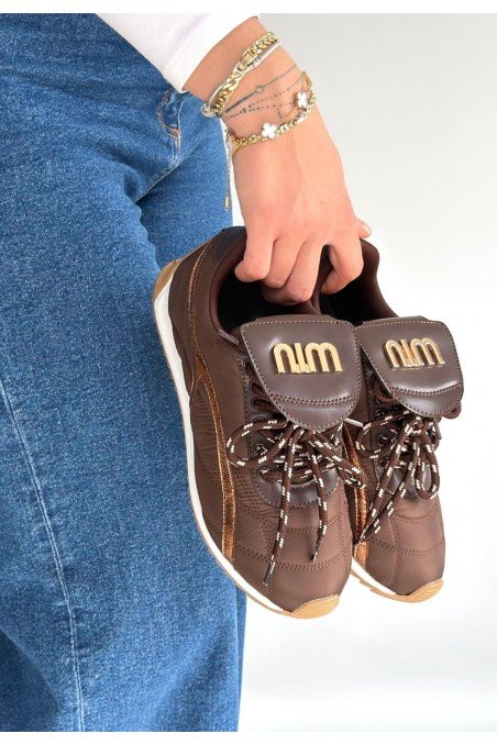 Kadın Sneaker Kahverengi Cilt Bağcıklı Günlük Spor Ayakkabı Paraşüt Detaylı