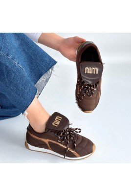 Kadın Sneaker Kahverengi Cilt Bağcıklı Günlük Spor Ayakkabı Paraşüt Detaylı