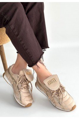 Kadın Sneaker Bej Cilt Bağcıklı Günlük Spor Ayakkabı Paraşüt Detaylı