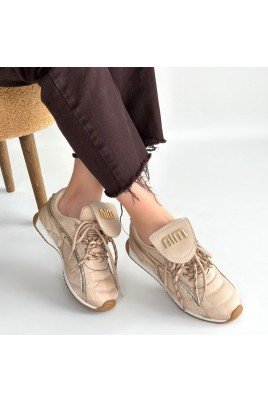 Kadın Sneaker Bej Cilt Bağcıklı Günlük Spor Ayakkabı Paraşüt Detaylı