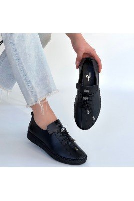 Kadın Sneaker Siyah Deri Bağcıklı Günlük Spor Ayakkabı