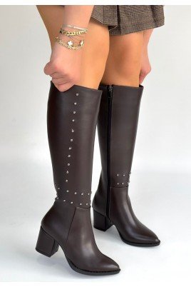 Kadın Topuklu Çizme Kahverengi Cilt Uzun Çizme Şık Kış