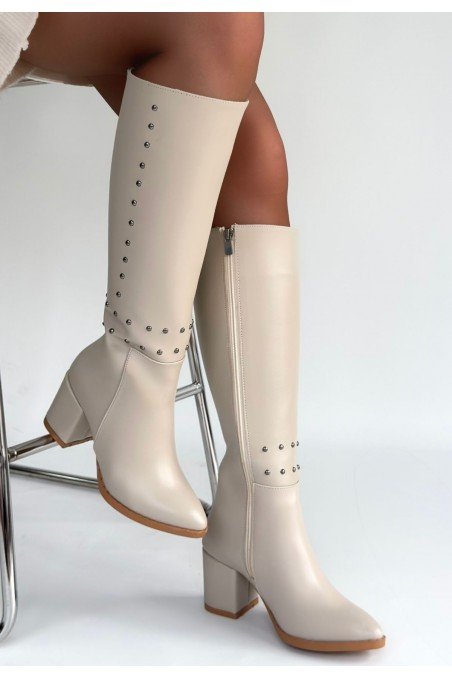 Tiyan Bej Cilt Topuklu Çizme