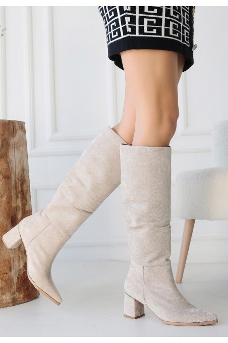 Kadın Topuklu Çizme Bej Süet Uzun Çizme Şık Kış